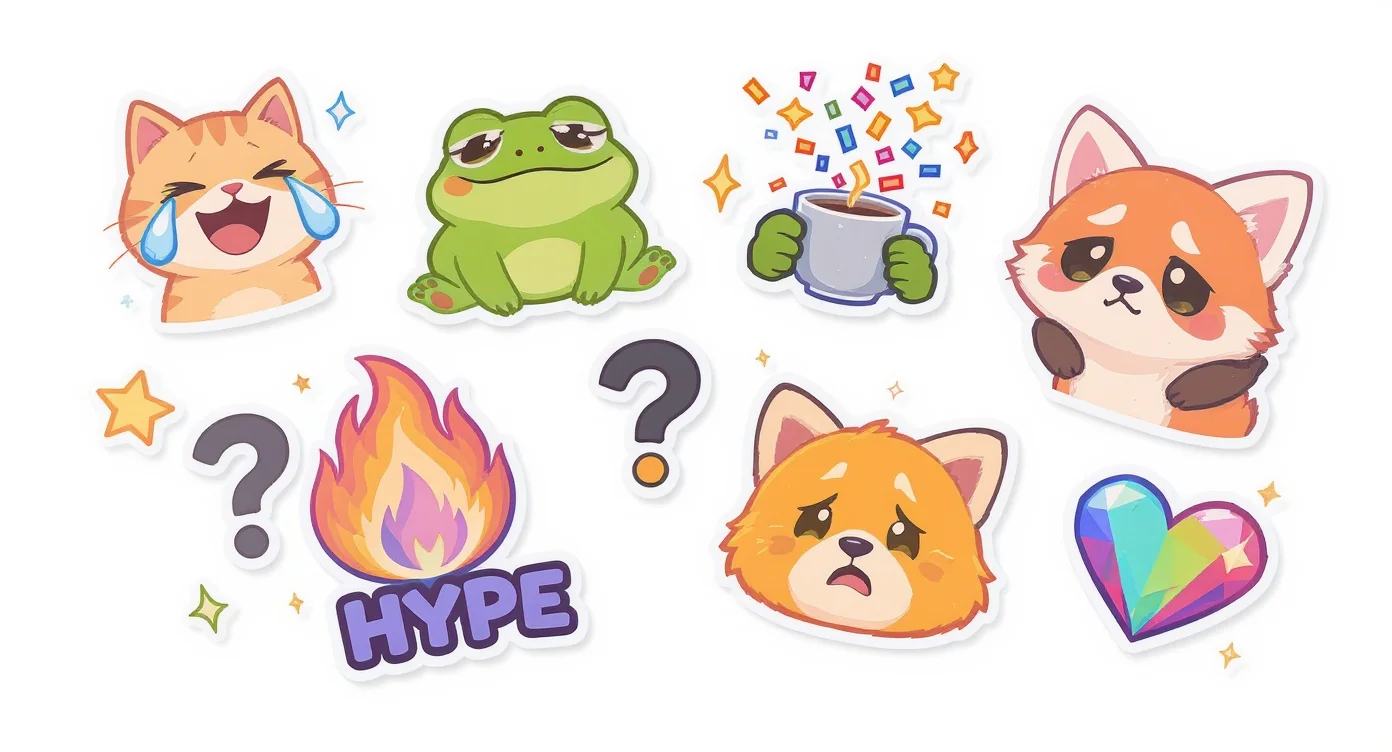 A collection of colorful, custom-designed cartoon emotes for a Discord server, displayed against a clean white background. Includes emotes of a laughing cat, a sipping frog, and a celebrating red panda.