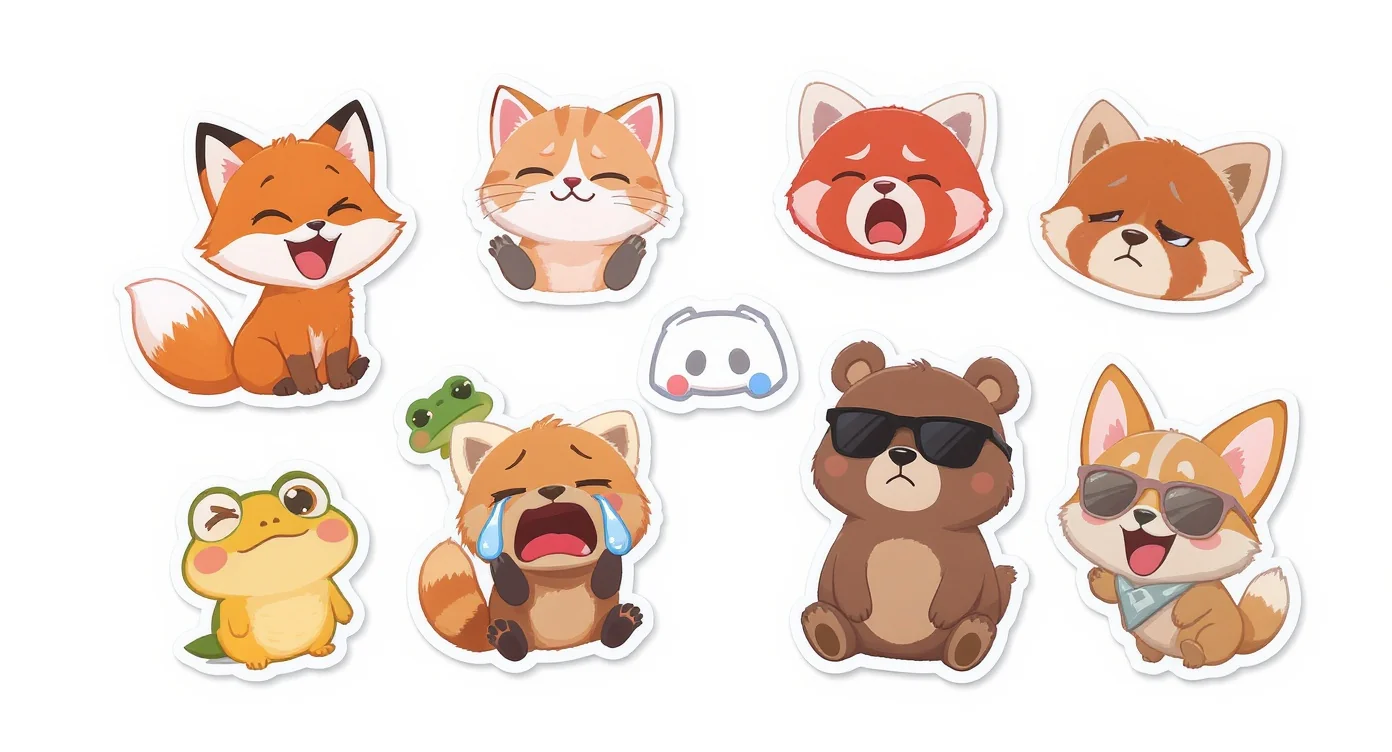 A colorful collection of custom-designed cartoon animal emotes for Discord, including a fox, cat, and corgi, displayed against a clean white background.