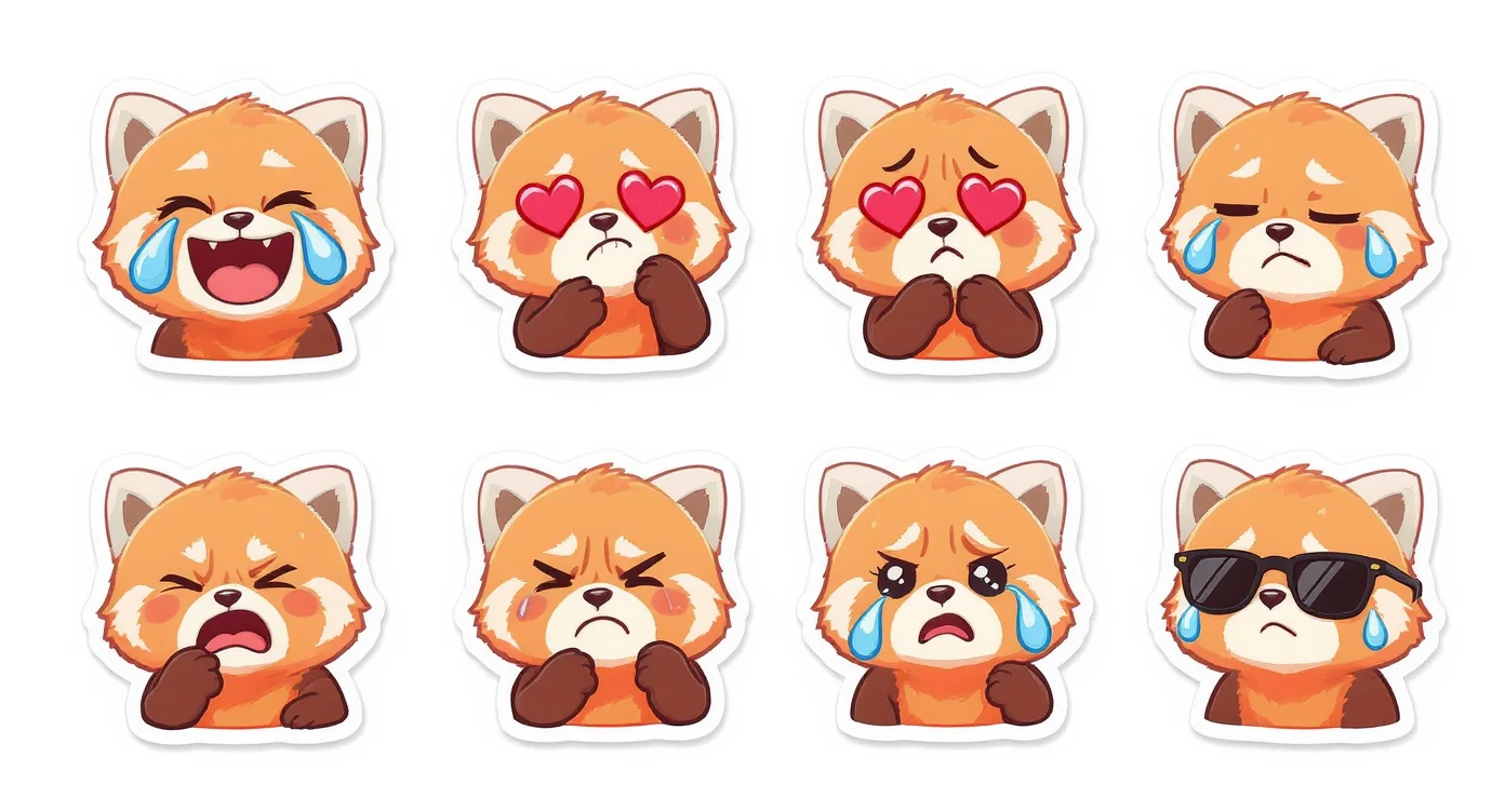 A collection of custom Discord emotes featuring a cute red panda character displaying various emotions like laughing, love, and anger, arranged like a sticker sheet on a white background.