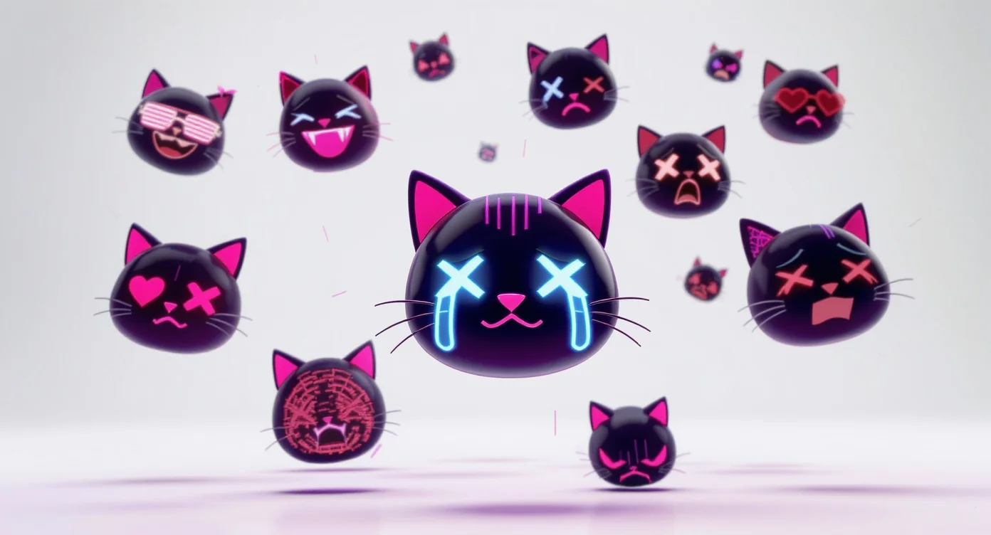 A collection of custom-designed Discord emotes featuring a cyberpunk cat theme, displayed against a clean white background. The emotes show various expressions like laughing, crying, and anger in a vibrant, digital art style.