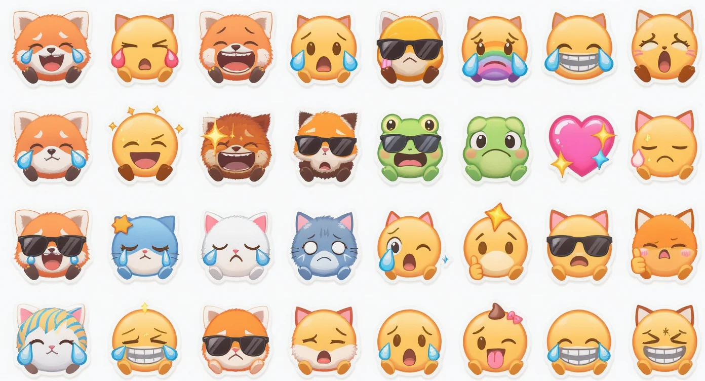 A colorful collection of custom-designed Discord emotes, featuring cute animal characters with various expressions, arranged in a grid on a white background.