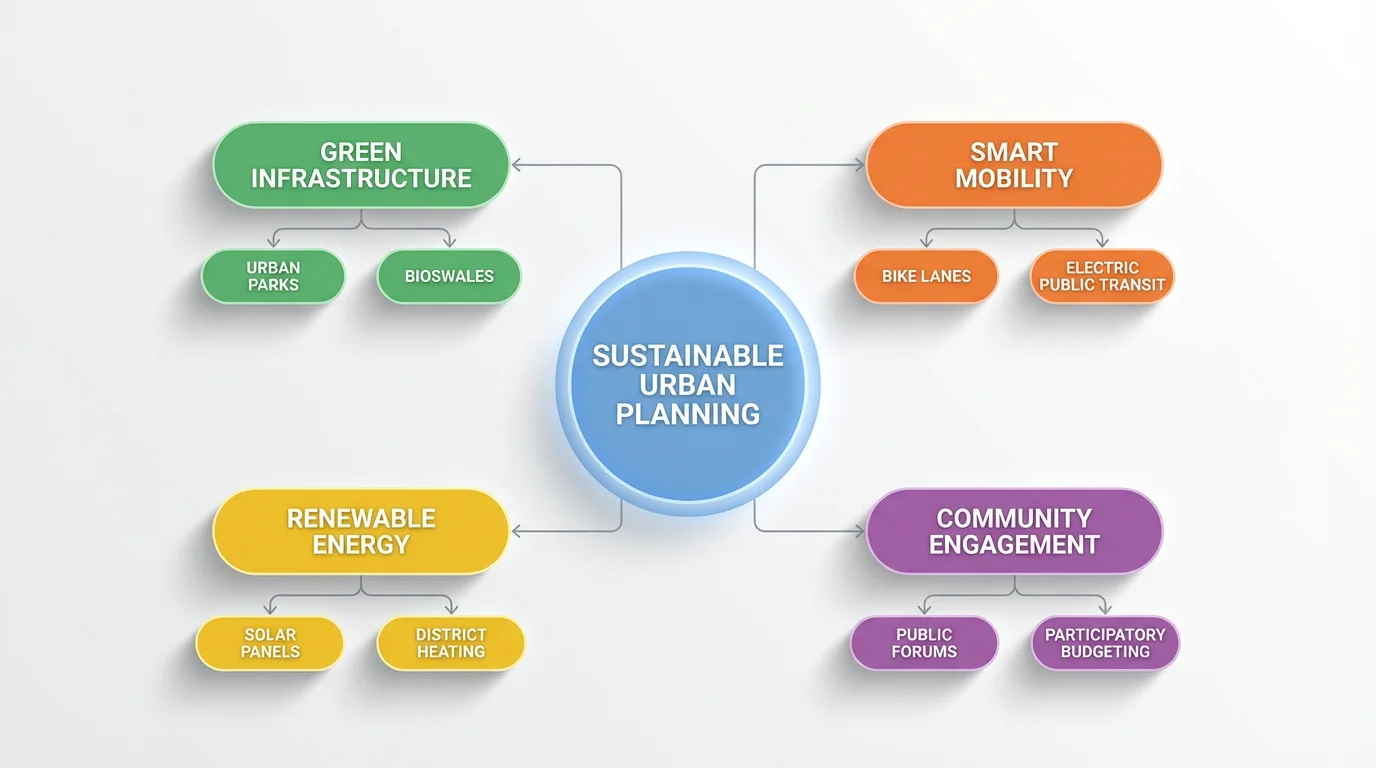A minimalist concept map about sustainable urban planning on a white background. The central idea connects to branches for green infrastructure, smart mobility, and renewable energy.