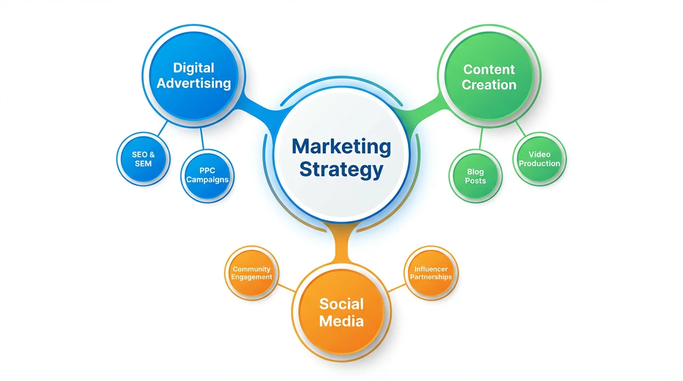 A modern, colorful concept map illustrating a marketing strategy. The central idea, 'Marketing Strategy', branches out to key areas like 'Digital Advertising', 'Content Creation', and 'Social Media', with related sub-topics.