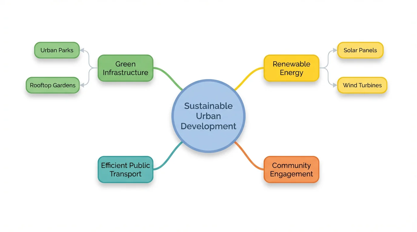 A concept map mockup illustrating the topic of 'Sustainable Urban Development'. A central idea branches out into related concepts like 'Green Infrastructure', 'Renewable Energy', and 'Community Engagement'.