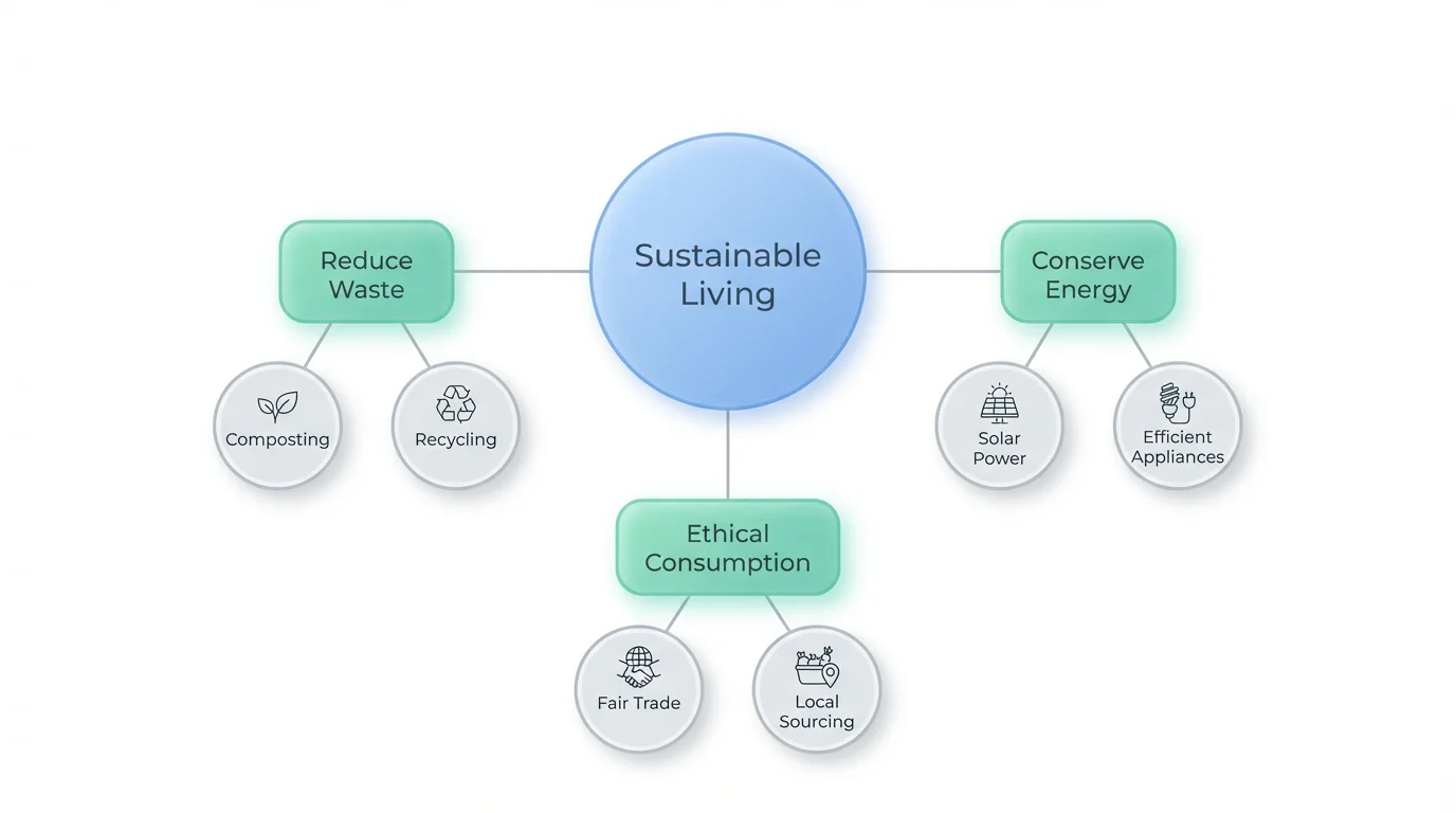 A clean and modern concept map about 'Sustainable Living' on a white background. A central blue node connects to green nodes for 'Reduce Waste', 'Conserve Energy', and 'Ethical Consumption', which then branch into smaller sub-topics.