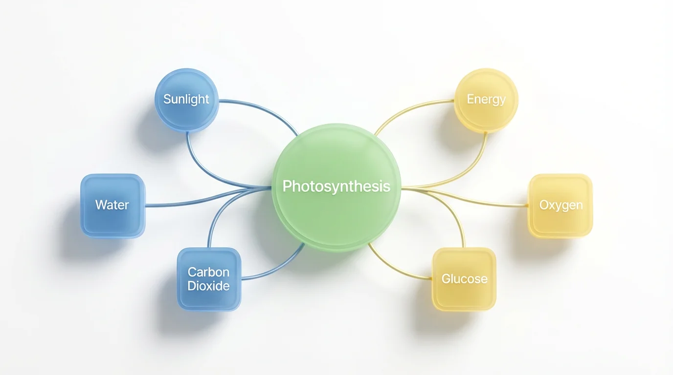 A modern, minimalist concept map illustrating the process of 'Photosynthesis'. A central green bubble connects to smaller nodes labeled 'Sunlight', 'Water', and 'Oxygen' on a clean white background.