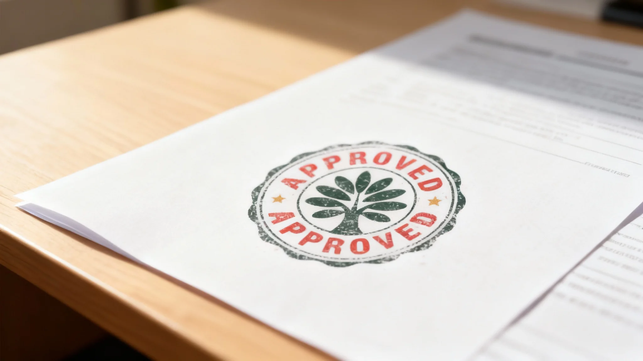 A photorealistic close-up of a document with a realistic rubber stamp effect applied. The circular stamp says 'APPROVED' in red around a green tree emblem, and the ink has a textured, authentic look.