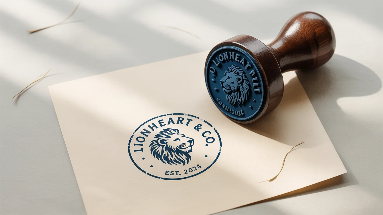 A realistic mockup showing a wooden rubber stamp next to its dark blue ink impression on paper. The stamp's design features a lion head and text reading 'LIONHEART & CO. EST. 2024', demonstrating a rubber stamp effect.
