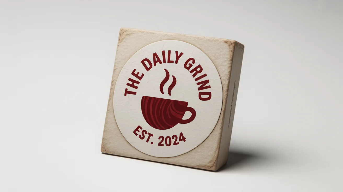 A photorealistic mockup of a red rubber stamp impression on a piece of textured paper. The circular stamp reads 'The Daily Grind, Est. 2024' around a coffee cup icon, demonstrating a realistic stamp effect.