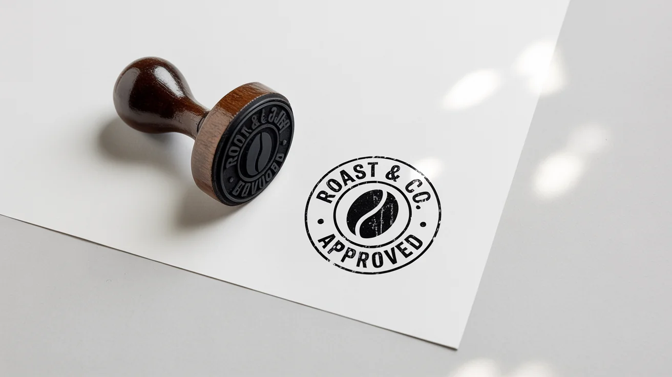 A wooden rubber stamp lies on a white surface next to a piece of paper with a red, circular, distressed ink stamp that reads 'ROAST & CO. APPROVED', demonstrating a rubber stamp effect.