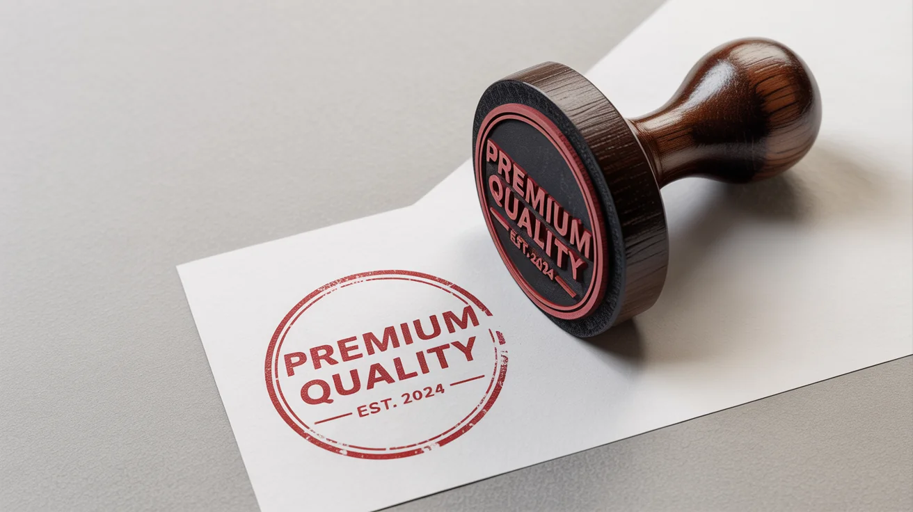 A photorealistic image of a wooden rubber stamp next to a red ink impression on white paper, which reads 'PREMIUM QUALITY EST. 2024', demonstrating a rubber stamp effect.