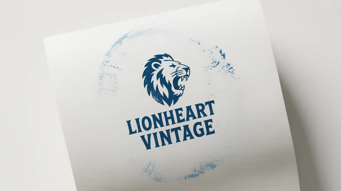 A realistic, dark blue rubber stamp impression on a white background, featuring a roaring lion's head and the words 'LIONHEART VINTAGE' with a distressed, authentic texture.