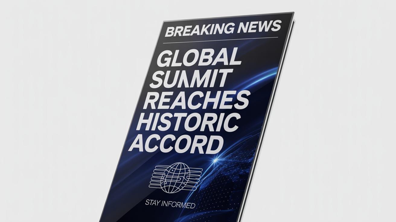 A professional breaking news banner mockup against a white background. The banner is red and blue with the legible text 'BREAKING NEWS' and 'GLOBAL SUMMIT REACHES HISTORIC ACCORD'.