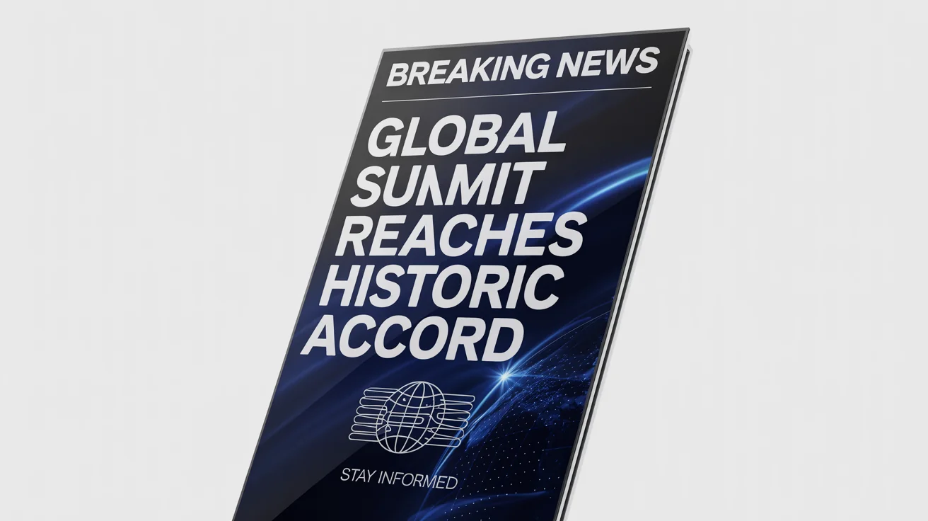 A professional breaking news banner mockup against a white background. The banner is red and blue with the legible text 'BREAKING NEWS' and 'GLOBAL SUMMIT REACHES HISTORIC ACCORD'.