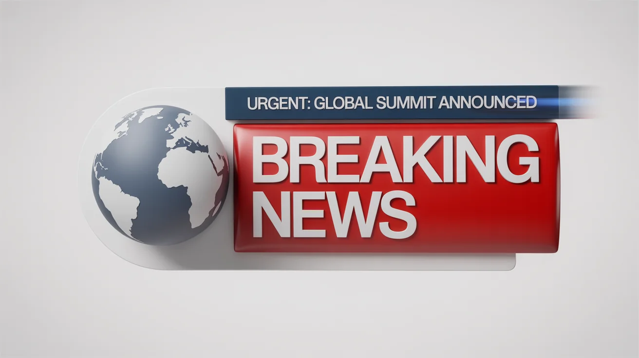 A modern digital graphic for a breaking news broadcast. It features a red banner with the words "BREAKING NEWS" and a blue sub-banner with the text "URGENT: GLOBAL SUMMIT ANNOUNCED", set against a white background.