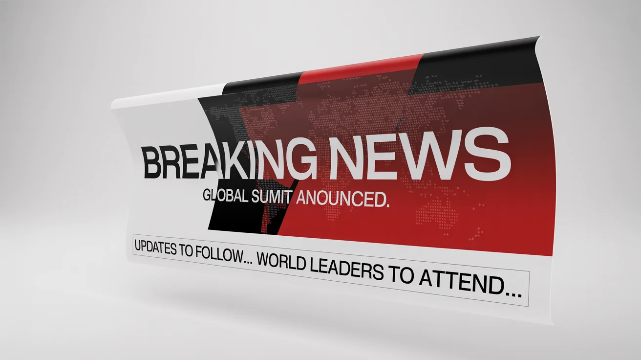 A professional mockup of a breaking news banner with the text 'BREAKING NEWS' and 'GLOBAL SUMMIT ANNOUNCED' in red, white, and black, set against a plain white background.
