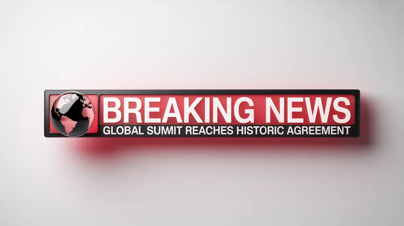 A professional breaking news banner mockup with a red and black color scheme, featuring the headline 'Breaking News: Global Summit Reaches Historic Agreement' on a white background.