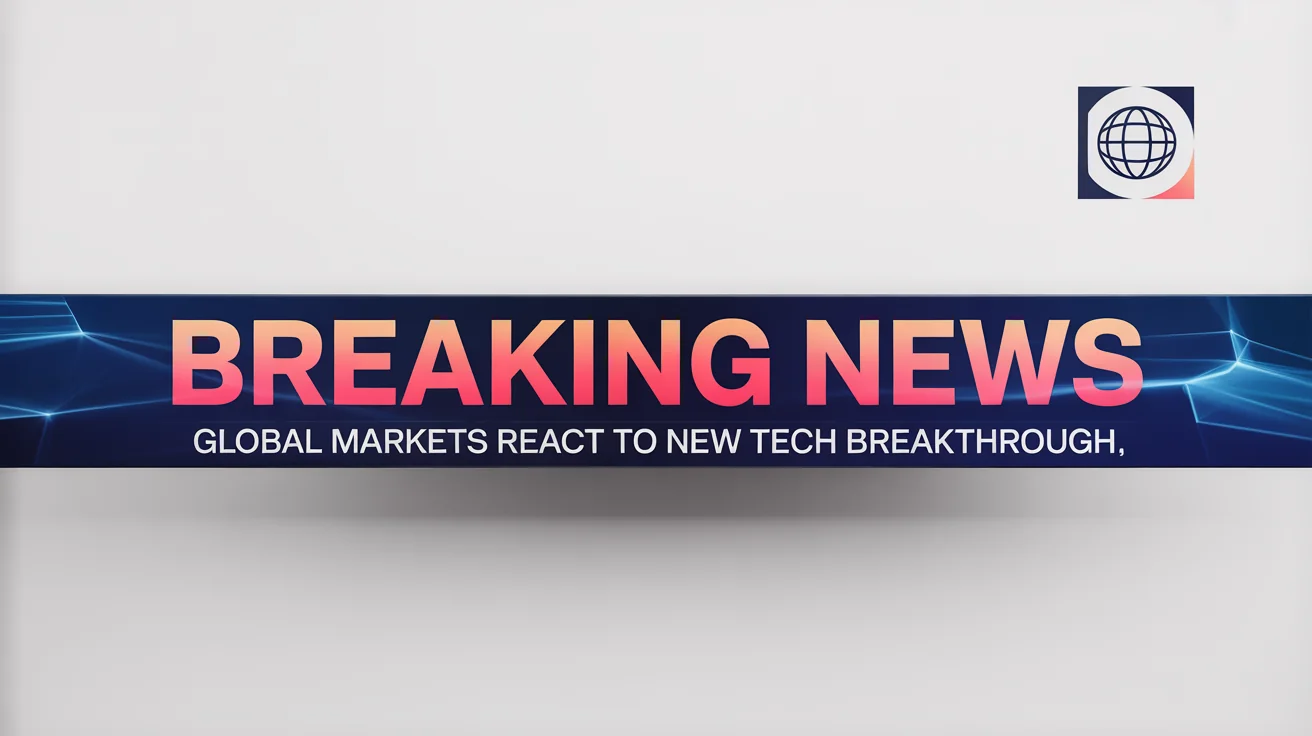 A professional mockup of a breaking news banner in red, white, and blue. The banner features the text 'BREAKING NEWS' and 'Global Markets React to New Tech Breakthrough' against a plain white background.