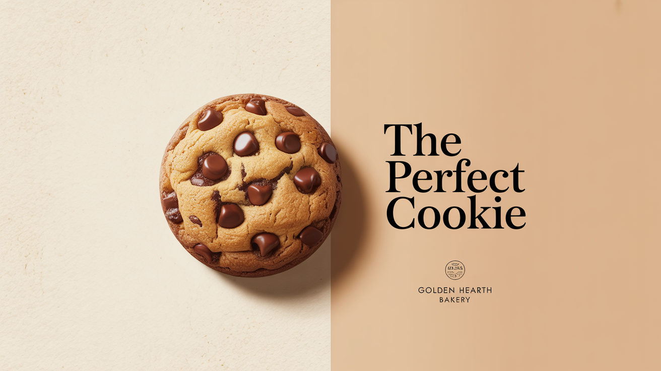 A professional advertisement design showing a single, perfect chocolate chip cookie on a two-tone cream background, with the text 'The Perfect Cookie' to the side.