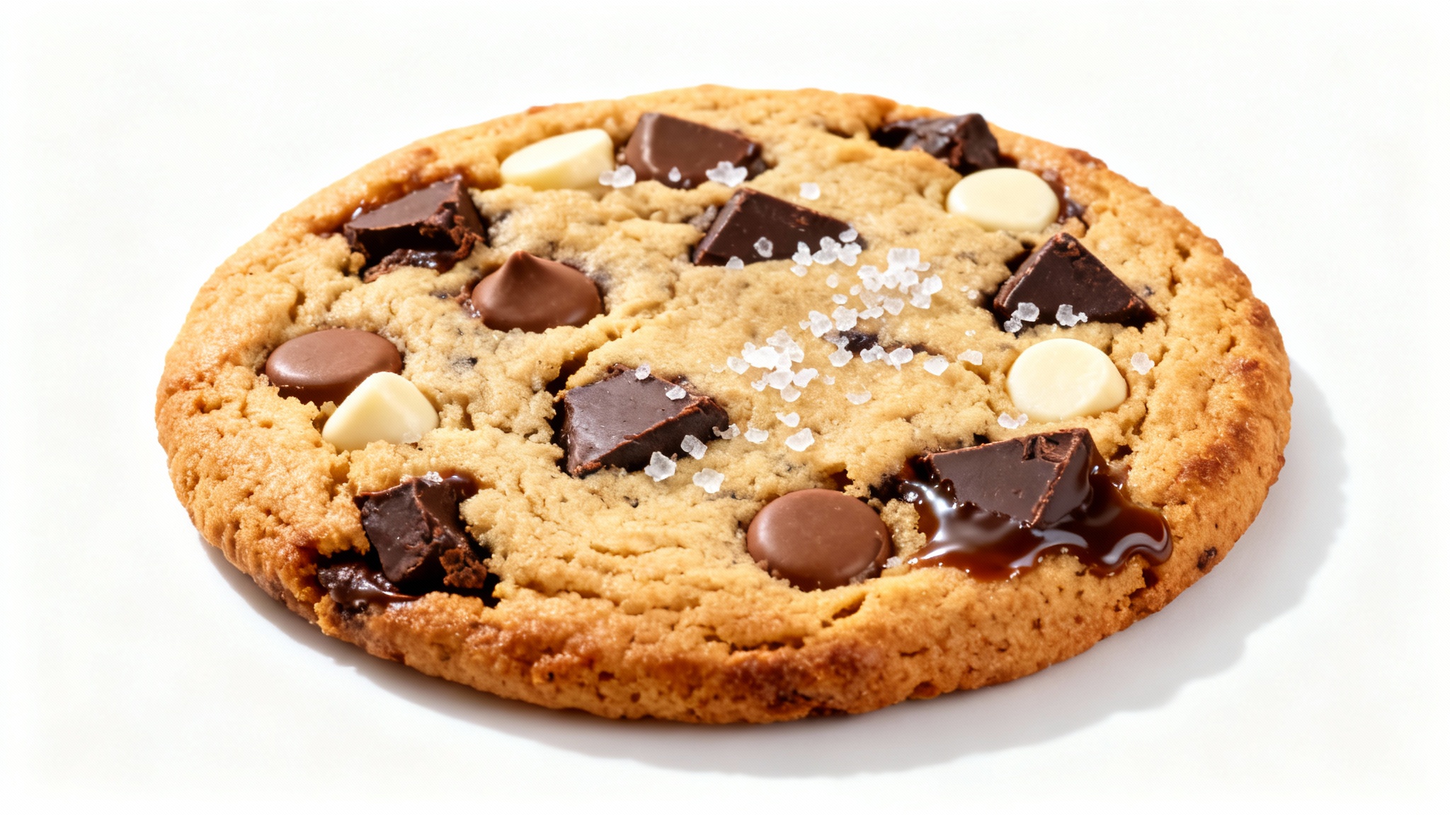 A close-up, high-quality image of a single perfect chocolate chip cookie with melted chocolate and sea salt, isolated on a pure white background.