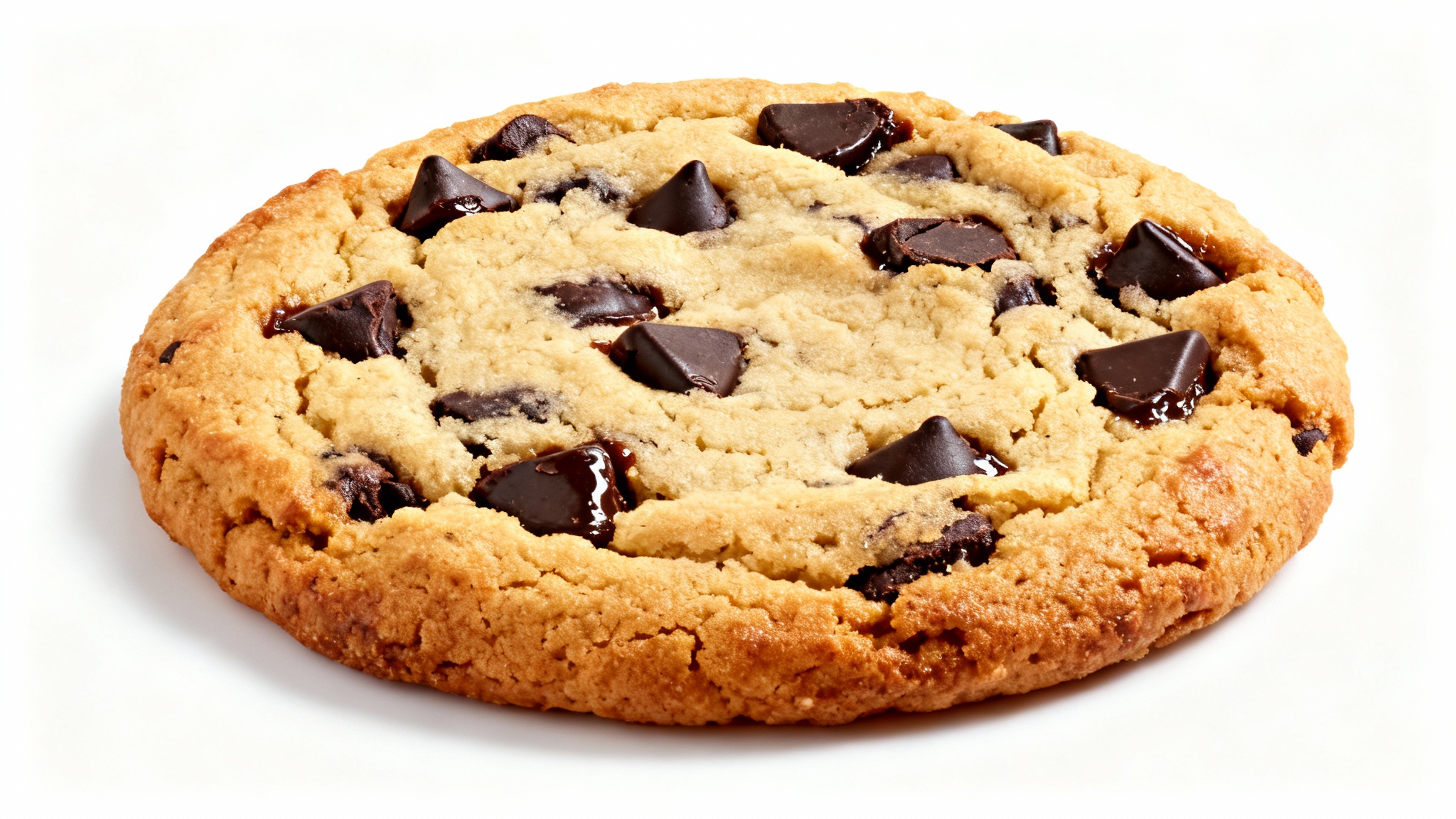 A photorealistic image of a single, perfect chocolate chip cookie with large, glistening chocolate chips, shot in a studio setting against a stark white background.