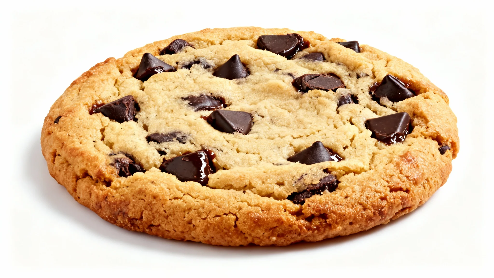 A photorealistic image of a single, perfect chocolate chip cookie with large, glistening chocolate chips, shot in a studio setting against a stark white background.