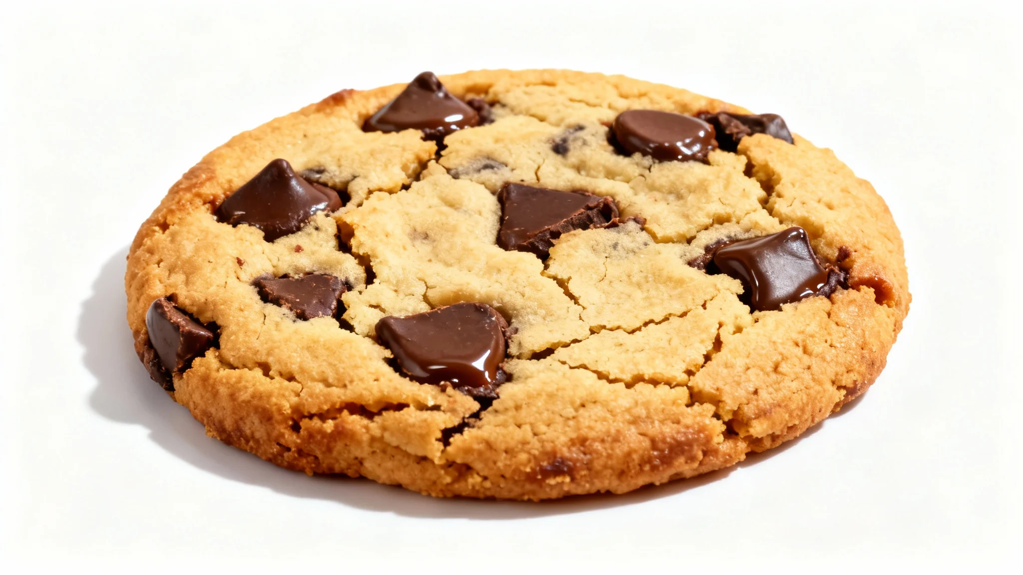 A hyper-realistic, freshly-baked chocolate chip cookie with melted chocolate chips, presented on a clean white background.
