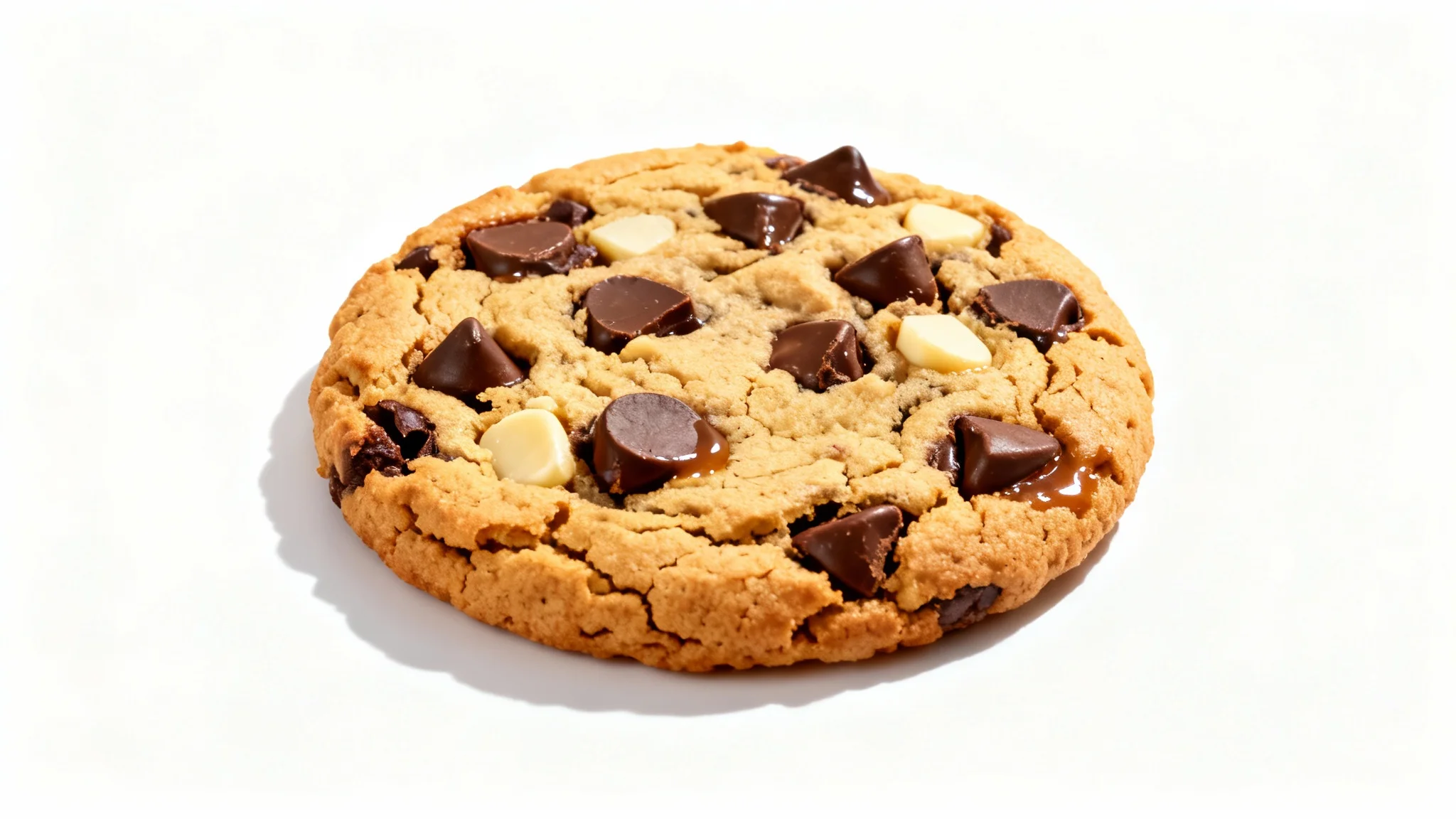A photorealistic image of a single, perfect chocolate chip cookie with glistening, melted chocolate chips, isolated on a clean white background.