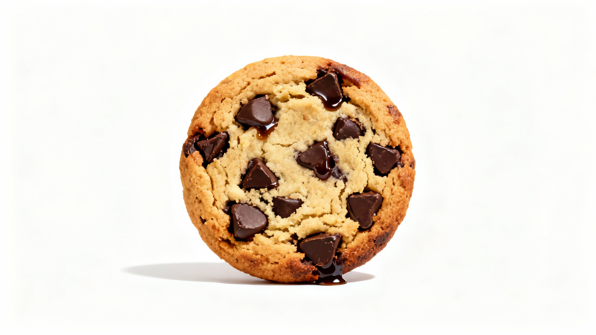 A photorealistic image of a single, perfect chocolate chip cookie with melting chocolate chips, isolated on a plain white background.