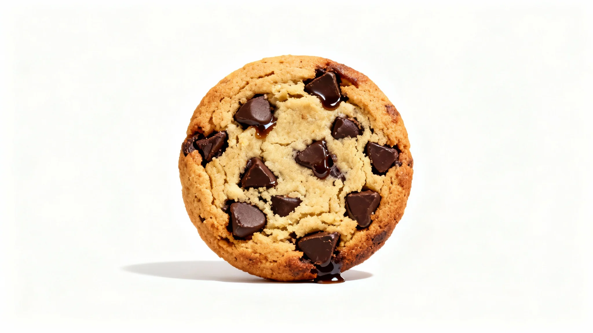 A photorealistic image of a single, perfect chocolate chip cookie with melting chocolate chips, isolated on a plain white background.