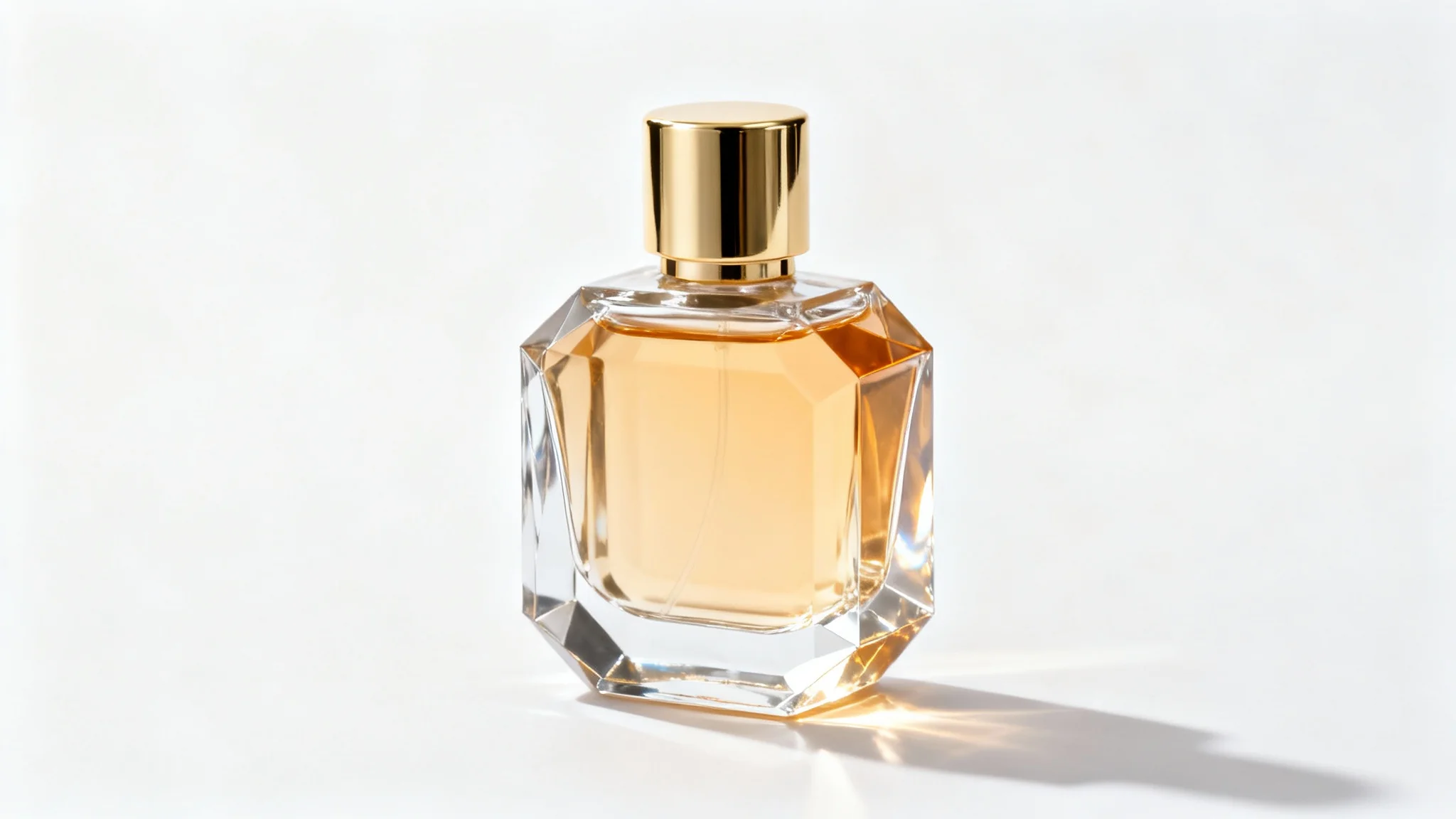 A professional product photograph of a luxurious, geometric perfume bottle with a gold cap, shot against a clean white background in a studio setting.