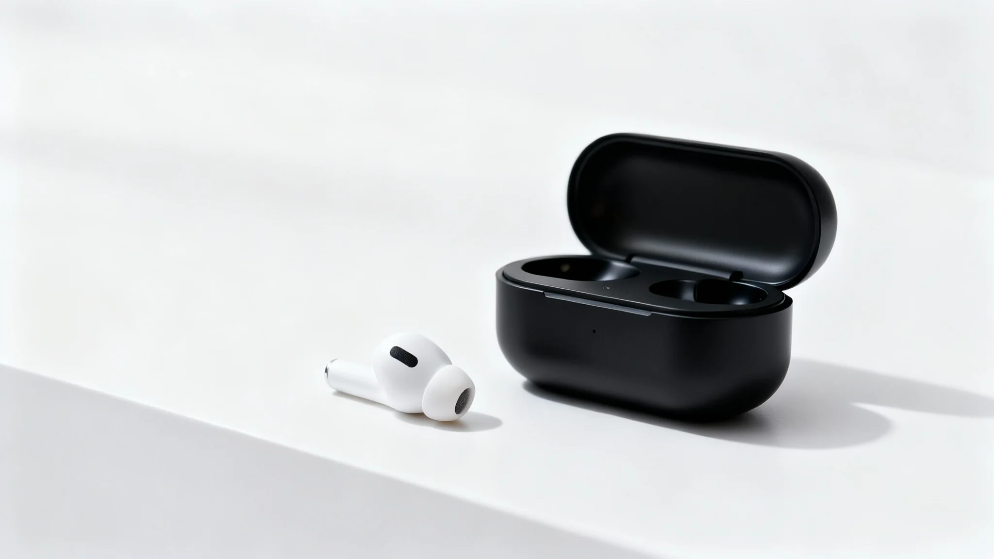 A professional product photograph showcasing a matte black wireless earbud case and a single white earbud on a clean white background, creating a modern and luxurious feel.