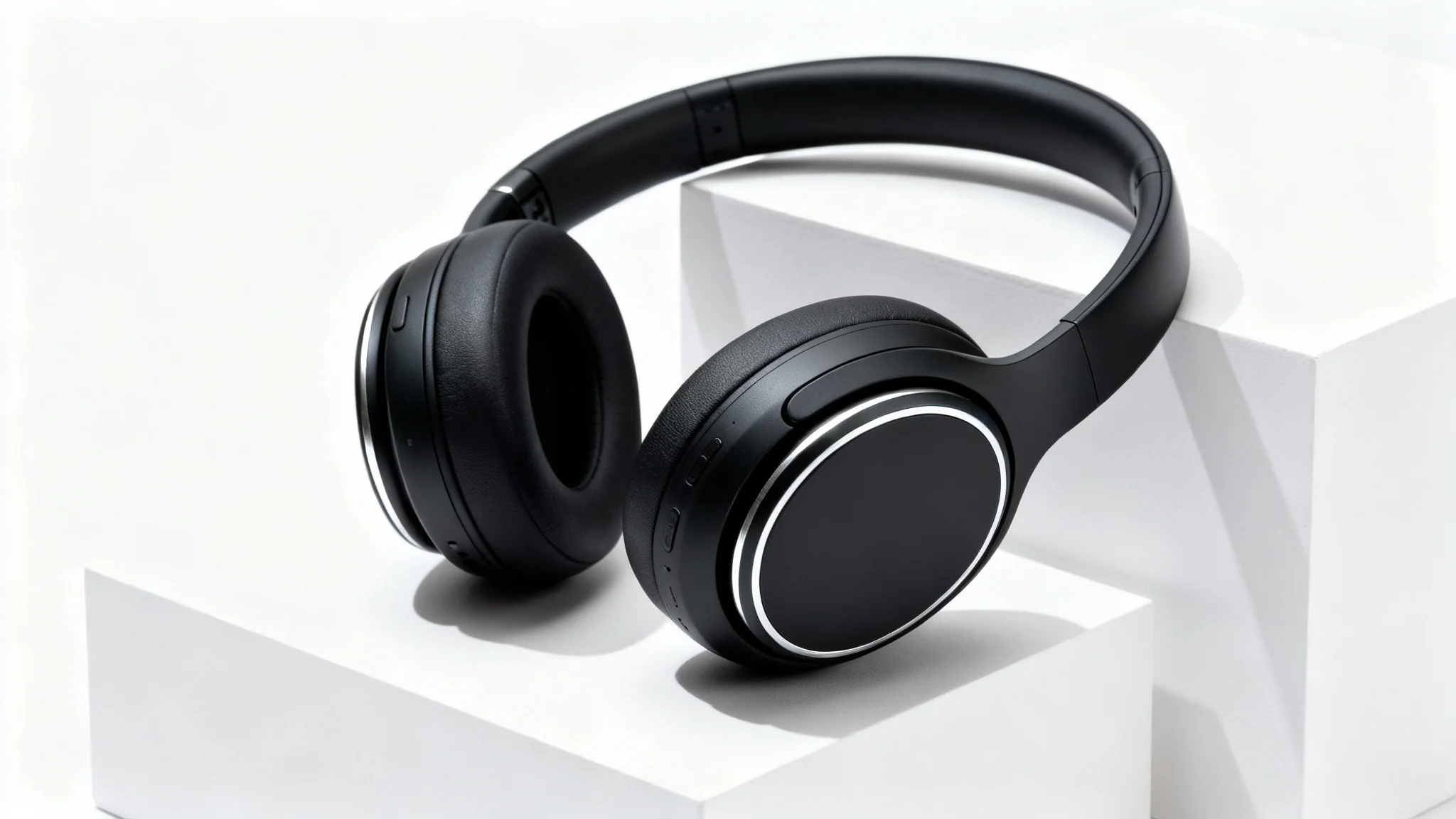 A professional product photograph of sleek, matte black wireless headphones resting on a white block against a clean white background, showcasing a modern and minimalist design.