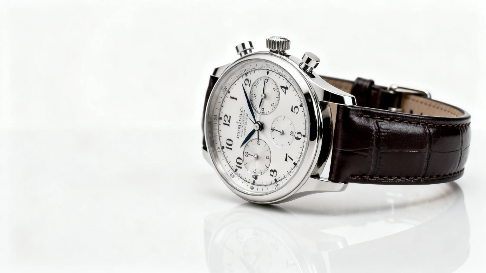 A professional product photograph of a luxury watch with a leather strap, displayed on its side on a clean white surface with a white background, highlighting its intricate details under studio lighting.