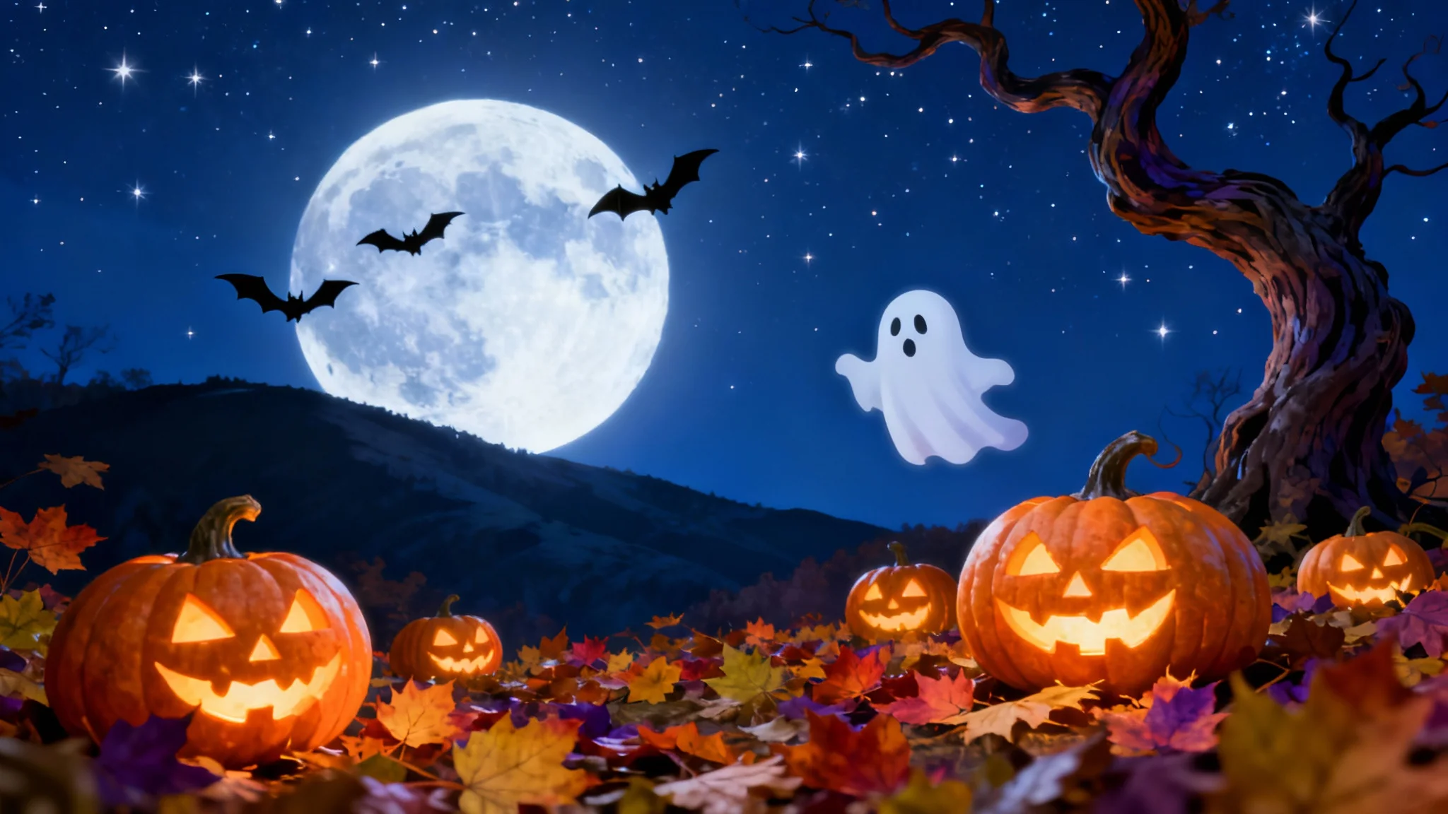 A vibrant digital illustration of a Halloween wallpaper featuring a night scene with a large full moon, twinkling stars, rolling hills, glowing jack-o'-lanterns, a friendly ghost, and bats flying in the sky.