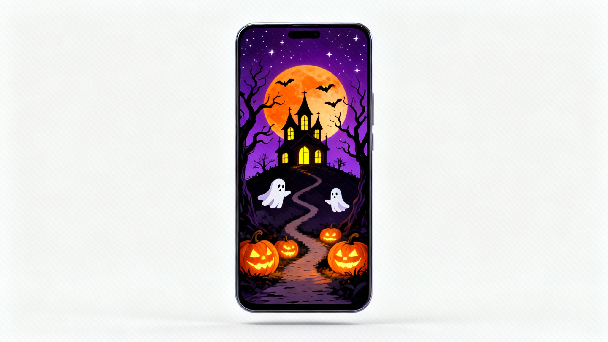 A smartphone mockup displaying a vibrant halloween wallpaper featuring a haunted house on a hill, a large orange moon, bats, and glowing jack-o'-lanterns, all against a clean white background.