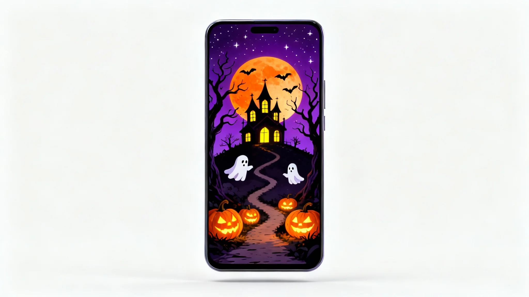 A smartphone mockup displaying a vibrant halloween wallpaper featuring a haunted house on a hill, a large orange moon, bats, and glowing jack-o'-lanterns, all against a clean white background.