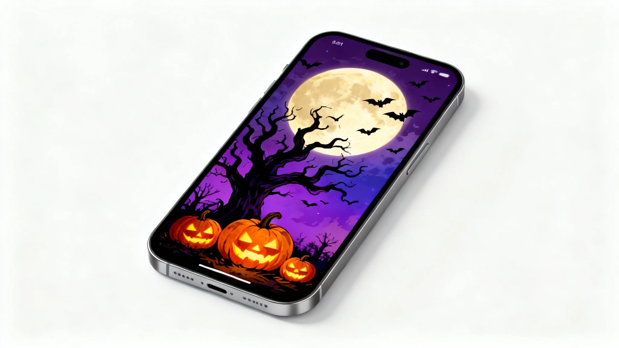 A mockup of a smartphone showcasing a colorful Halloween wallpaper with glowing pumpkins, a spooky tree, and a full moon, set against a plain white background.