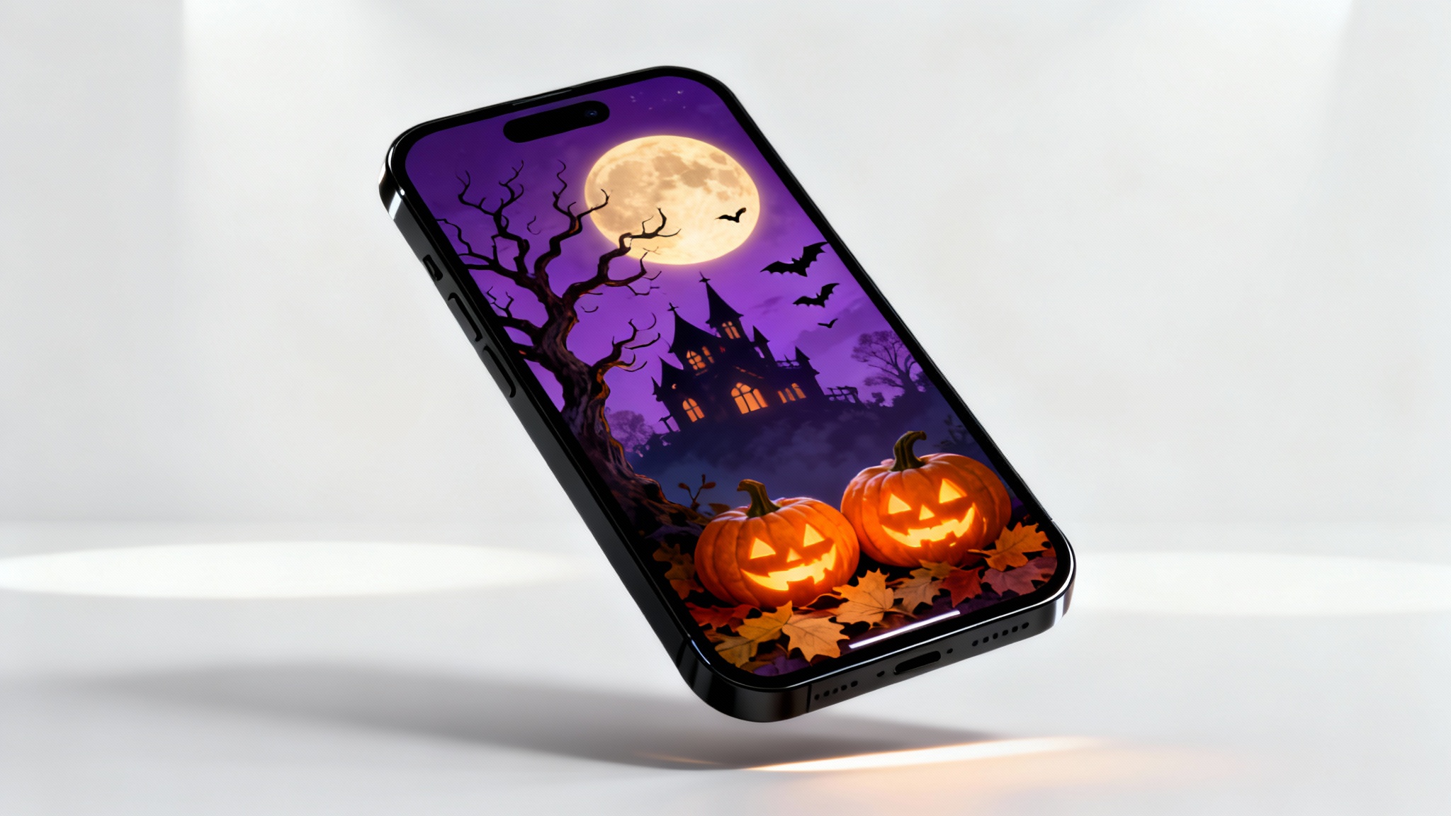 A smartphone mockup displaying a spooky Halloween wallpaper featuring a haunted house, a large orange moon, and glowing jack-o'-lanterns, set against a clean white background.