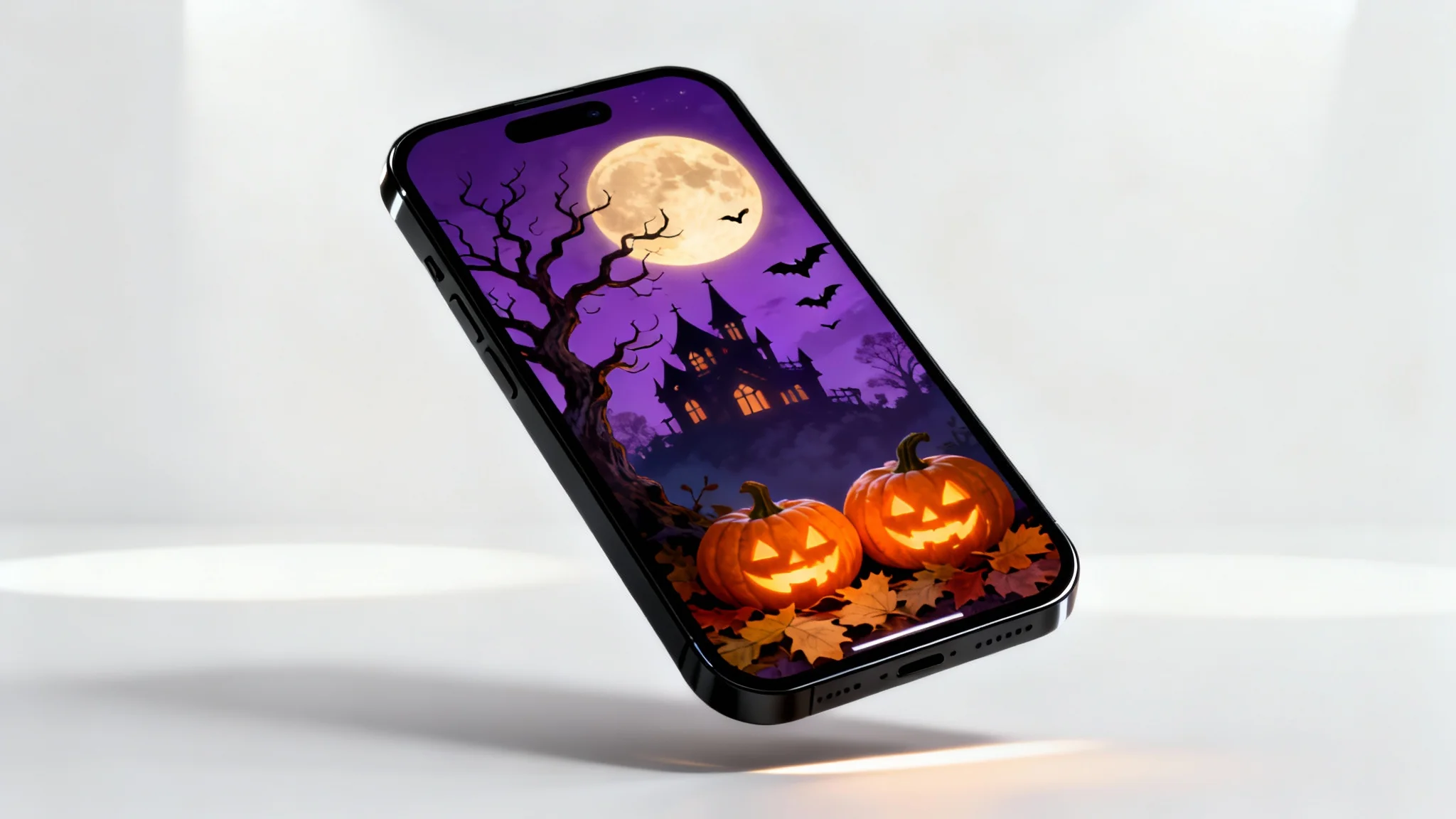 A smartphone mockup displaying a spooky Halloween wallpaper featuring a haunted house, a large orange moon, and glowing jack-o'-lanterns, set against a clean white background.