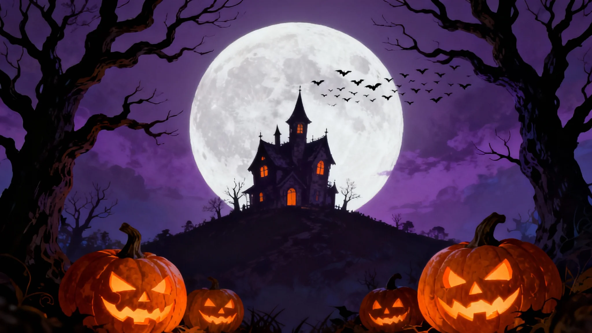 An illustrative Halloween wallpaper featuring a spooky haunted house and glowing jack-o'-lanterns silhouetted against a giant full moon on a purple night.