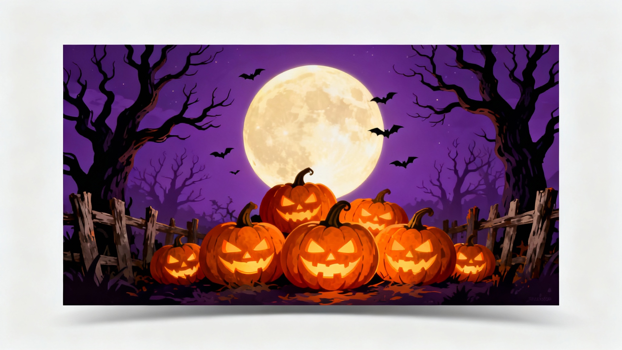 A mockup of a Halloween wallpaper featuring glowing jack-o'-lanterns, a large full moon, and spooky trees against a purple night sky, all displayed on a white background.