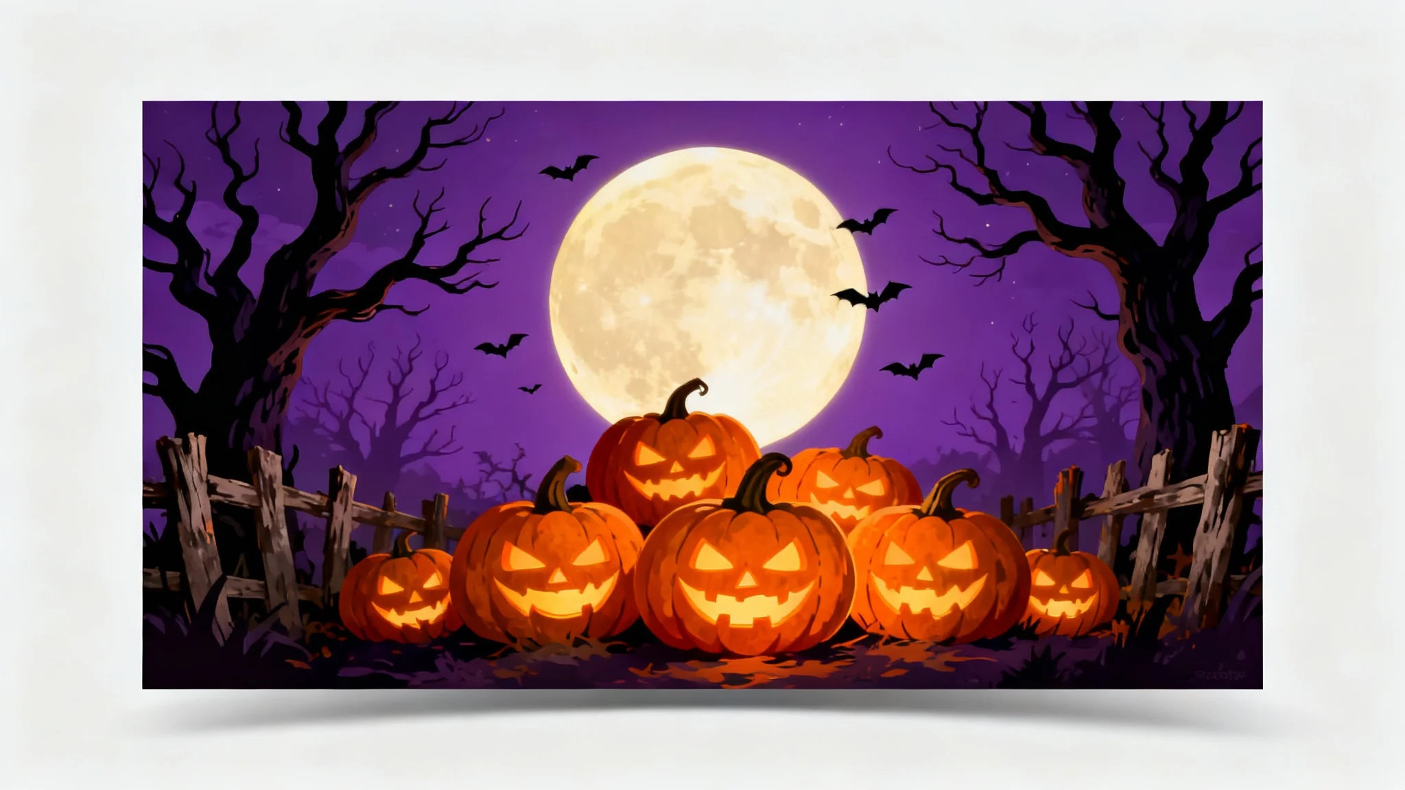 A mockup of a Halloween wallpaper featuring glowing jack-o'-lanterns, a large full moon, and spooky trees against a purple night sky, all displayed on a white background.