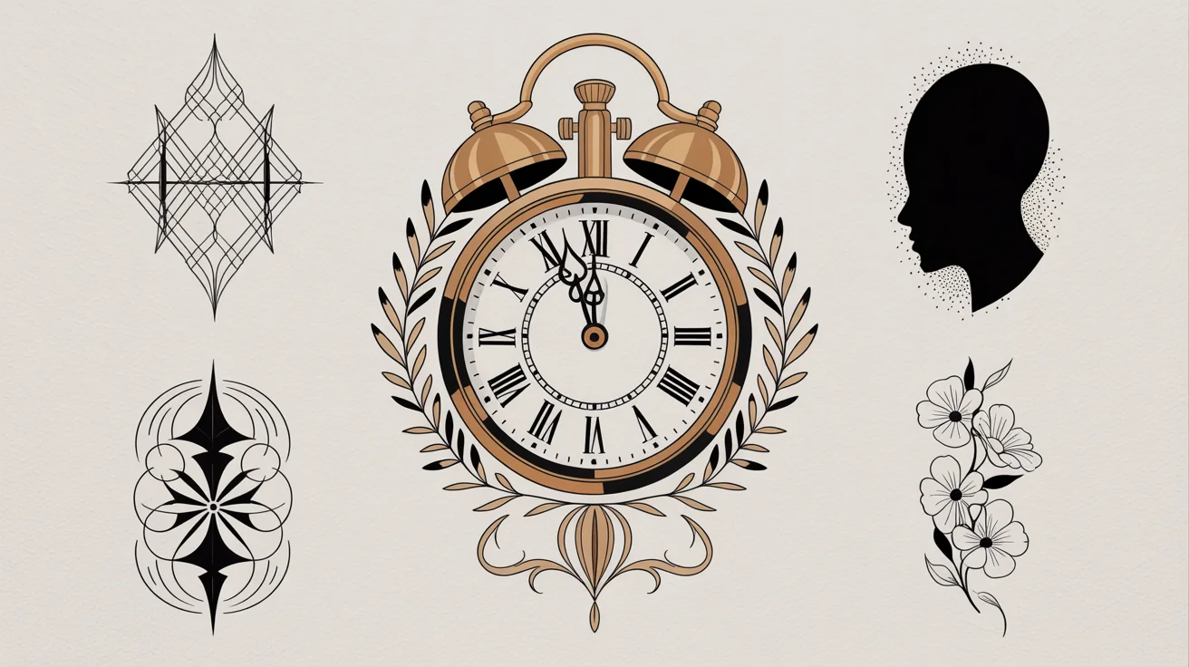 A digital tattoo flash sheet displaying five different clock-themed tattoo designs on a clean background. A large, detailed neo-traditional clock tattoo is in the center, with four smaller, stylistically varied clock designs surrounding it.