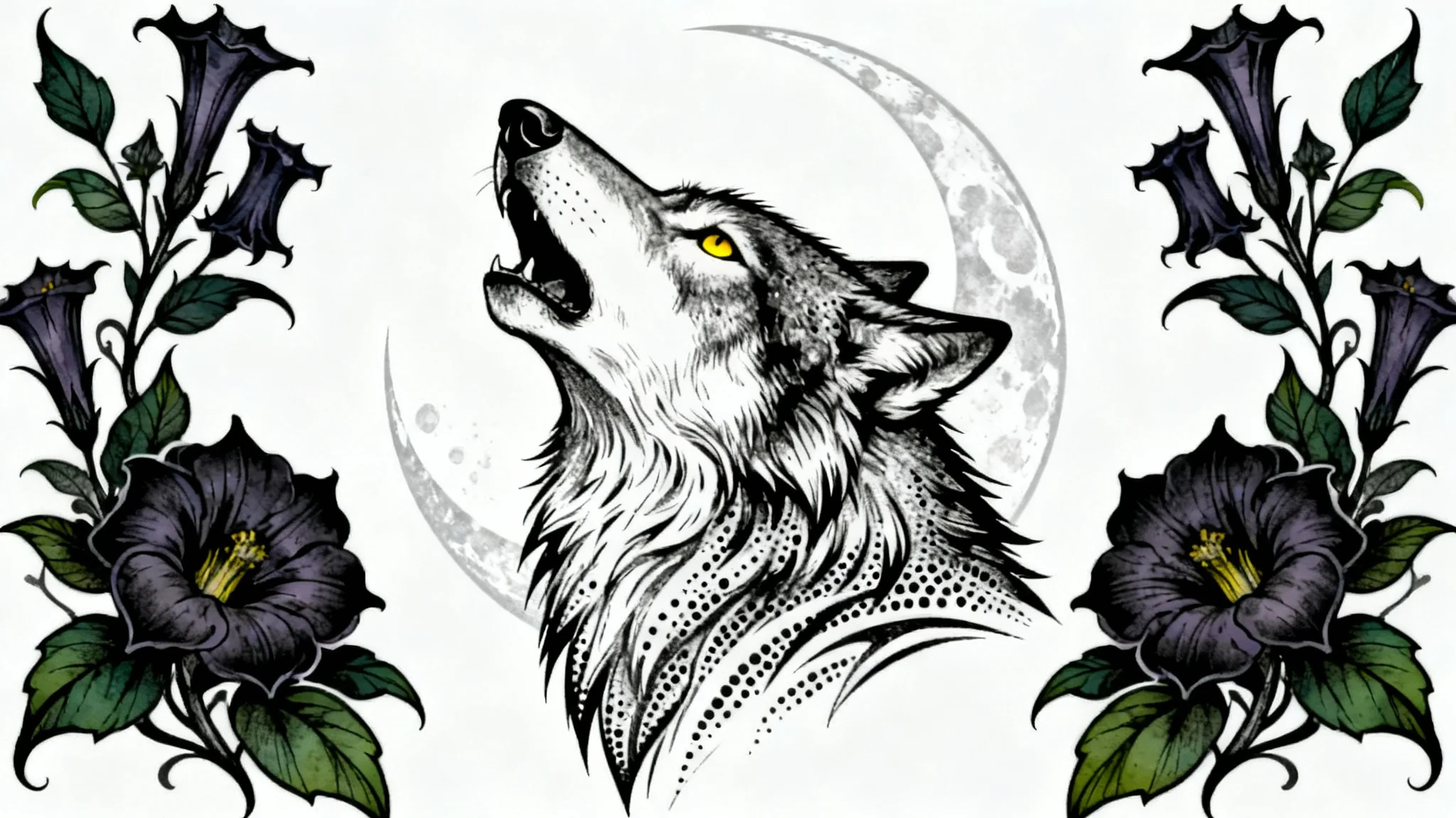 An artistic neo-traditional tattoo design of a howling wolf head surrounded by nightshade flowers, presented on a white background.
