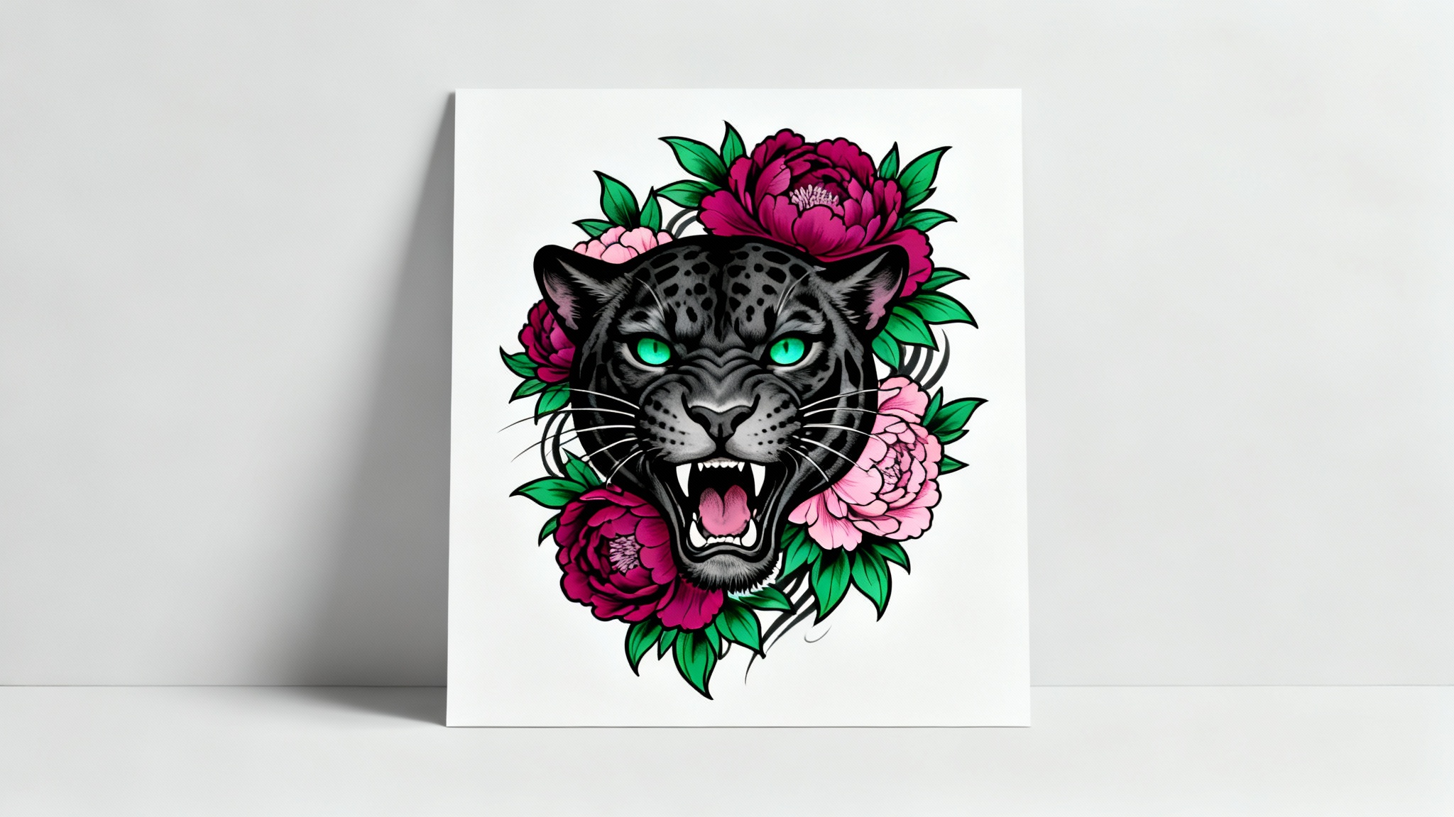 A vibrant neo-traditional tattoo design mockup of a roaring panther head with green eyes, intertwined with magenta and pink peonies, presented as a high-quality art piece on a clean white background.