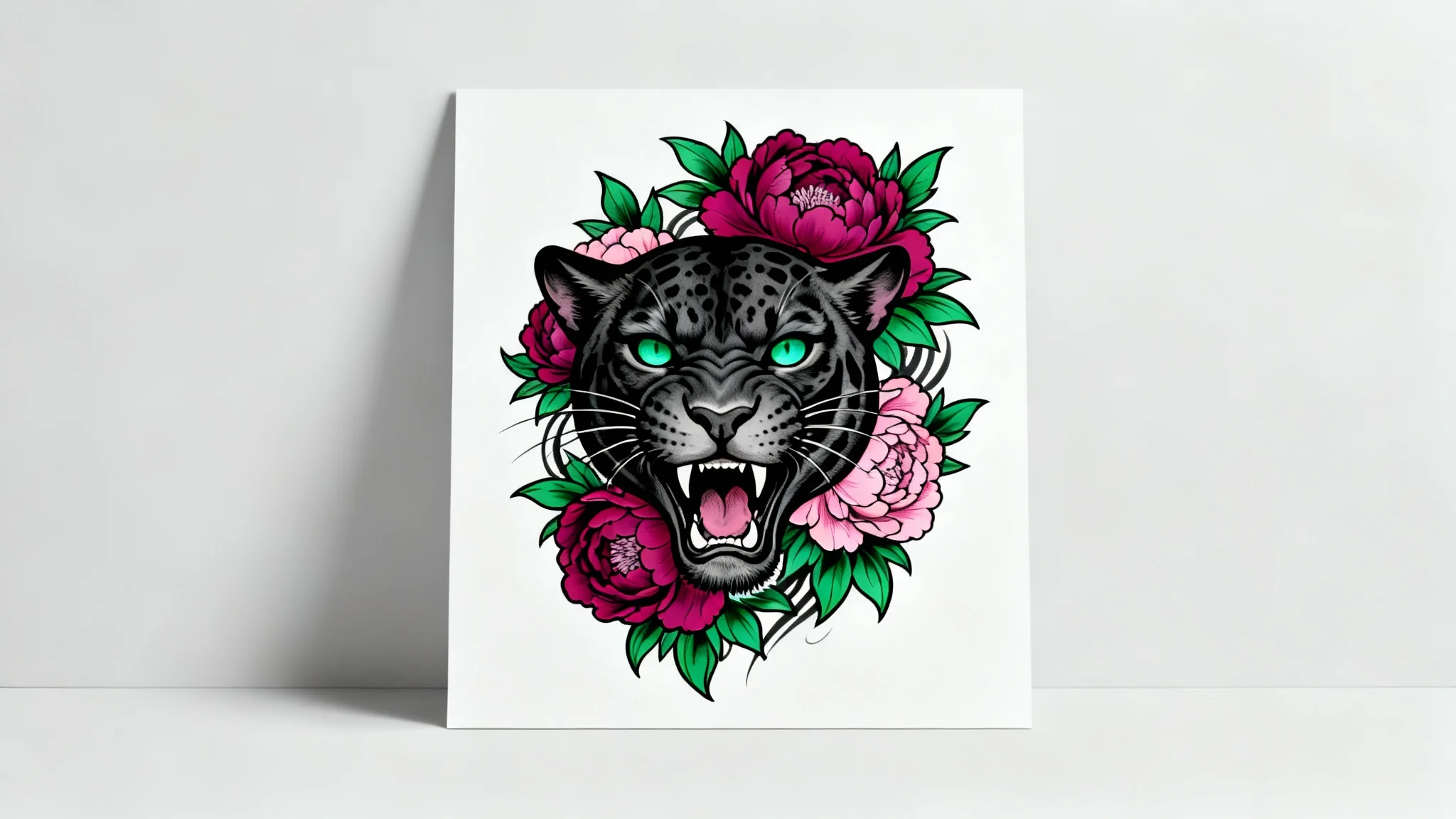 A vibrant neo-traditional tattoo design mockup of a roaring panther head with green eyes, intertwined with magenta and pink peonies, presented as a high-quality art piece on a clean white background.