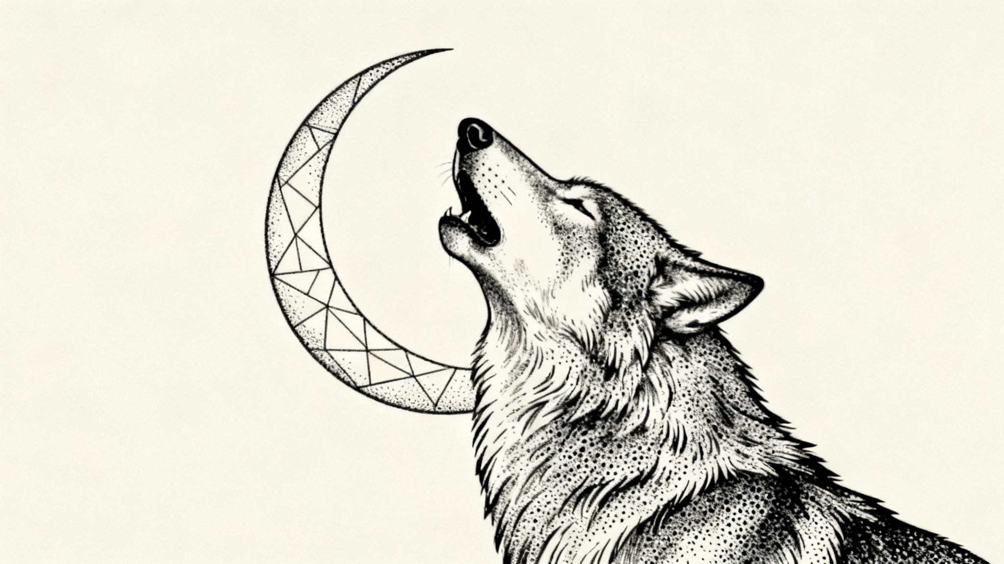 A detailed fine-line and dotwork tattoo design of a howling wolf and a crescent moon, presented as a piece of art on a plain white background.