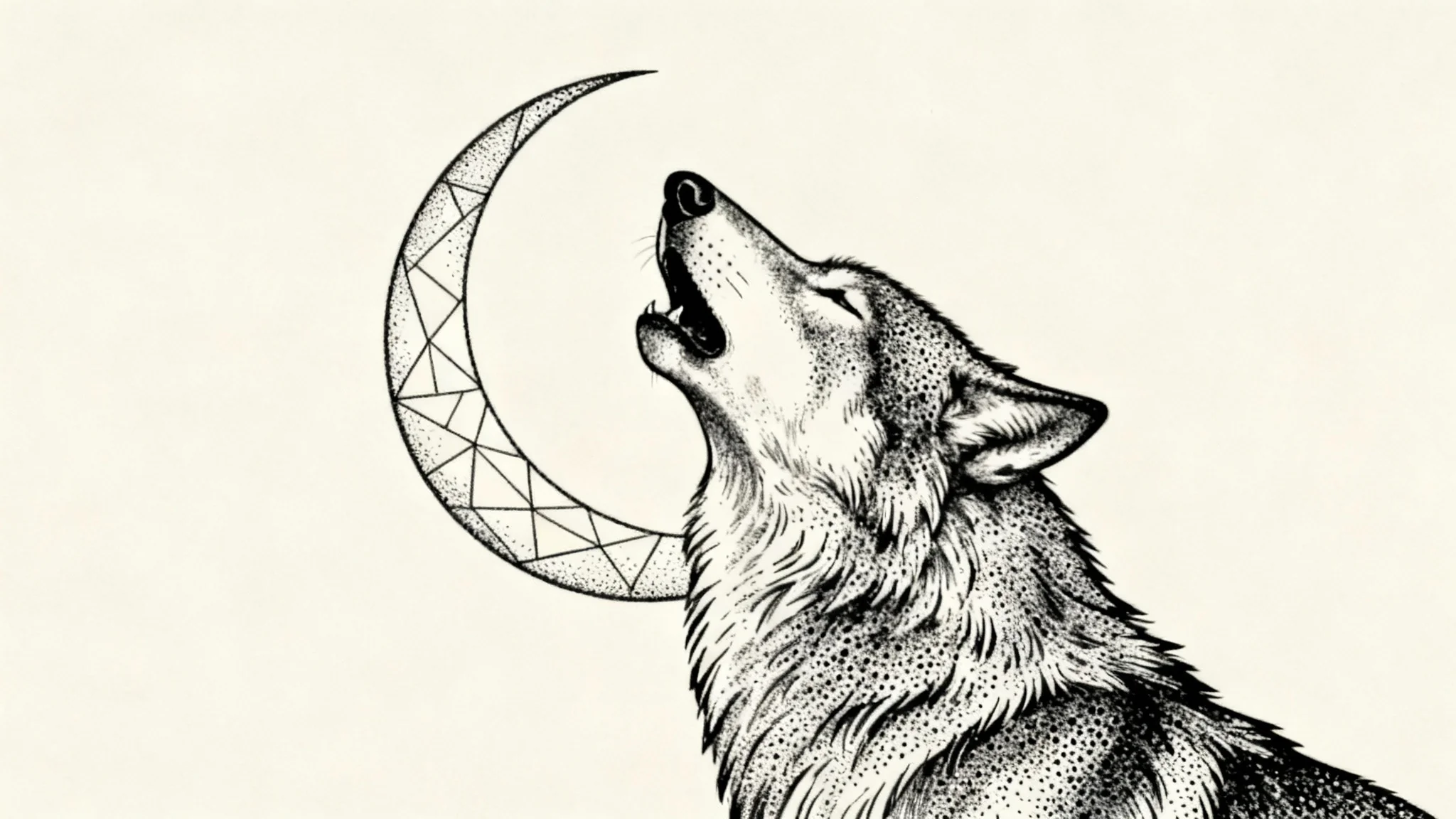 A detailed fine-line and dotwork tattoo design of a howling wolf and a crescent moon, presented as a piece of art on a plain white background.
