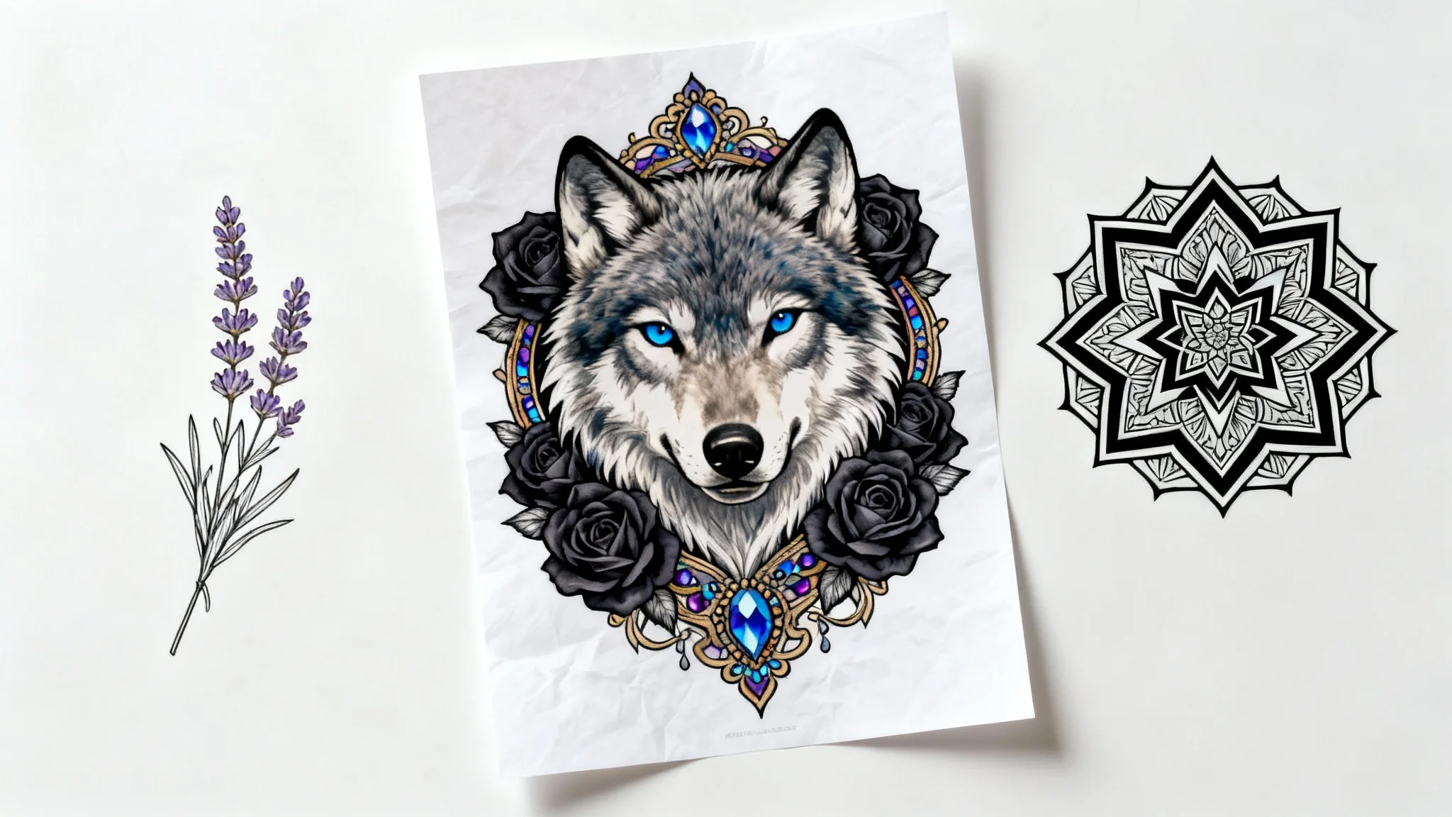 A mockup of a tattoo design flash sheet on a white background, featuring a large neo-traditional wolf head, a fine-line lavender sprig, and a blackwork geometric mandala.